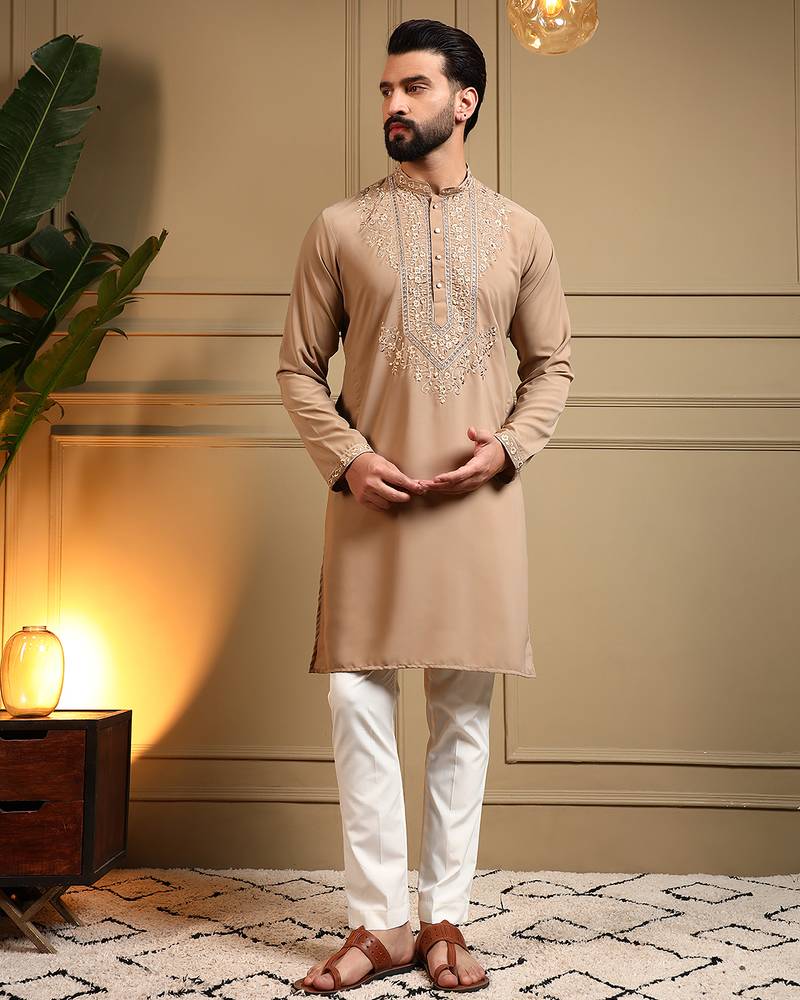 Men's beige armani lachka sequins embroidered kurta with pajama set