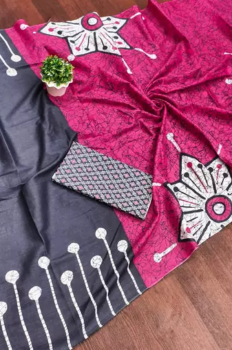 Grey batik print mulmul cotton saree with blouse.
