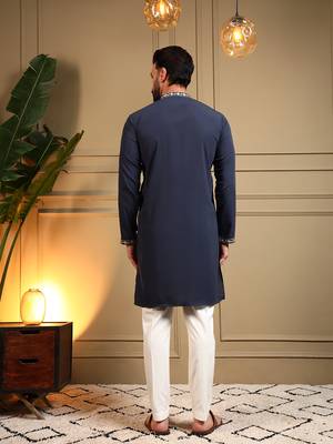 Men's navy blue armani lachka sequins embroidered kurta with pajama set 5