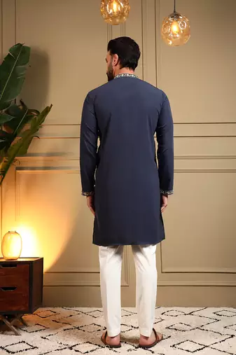 Men's navy blue armani lachka sequins embroidered kurta with pajama set