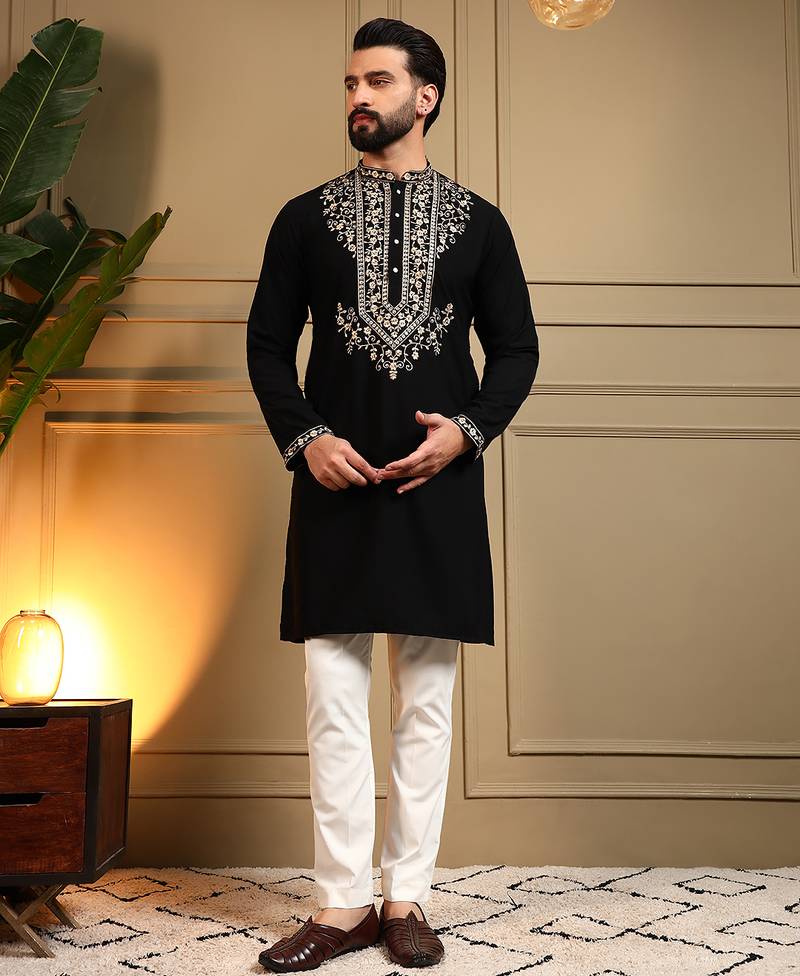Men's black armani lachka sequins embroidered kurta with pajama set