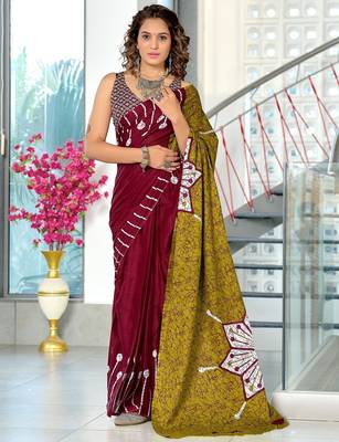 Maroon batik print mulmul cotton saree with blouse. 1