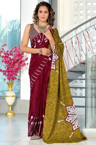 Maroon batik print mulmul cotton saree with blouse.