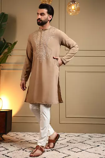 Men's beige armani lachka sequins embroidered kurta with pajama set