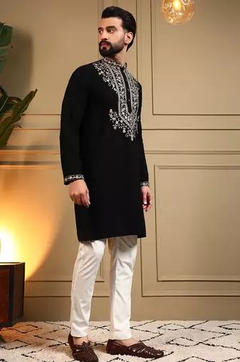 Men's black armani lachka sequins embroidered kurta with pajama set