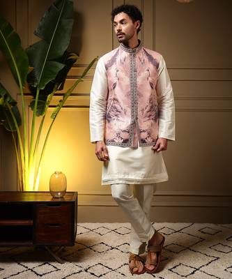 Men's wine slub silk jacquard 3d weaving kurta set with nehru jacket 1
