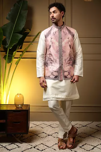 Men's wine slub silk jacquard 3d weaving kurta set with nehru jacket