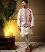 Men's wine slub silk jacquard 3d weaving kurta set with nehru jacket