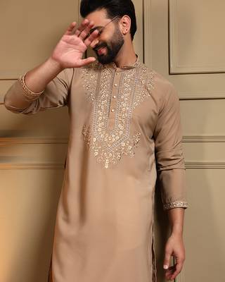 Men's beige armani lachka sequins embroidered kurta with pajama set 4