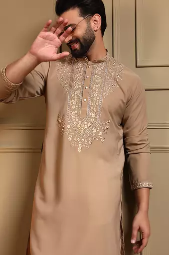 Men's beige armani lachka sequins embroidered kurta with pajama set