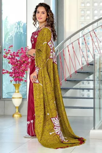 Maroon batik print mulmul cotton saree with blouse.