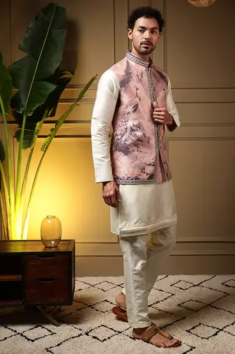 Men's wine slub silk jacquard 3d weaving kurta set with nehru jacket