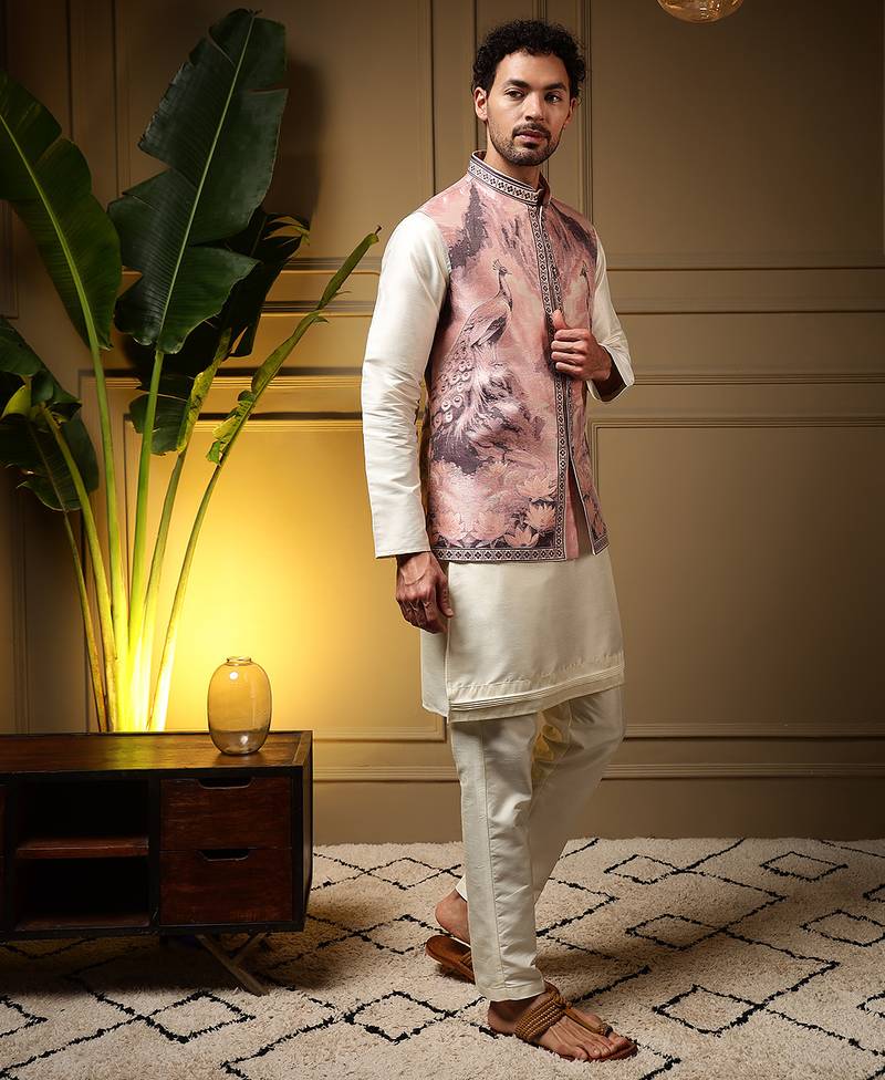 Men's wine slub silk jacquard 3d weaving kurta set with nehru jacket