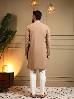 Men's beige armani lachka sequins embroidered kurta with pajama set 5