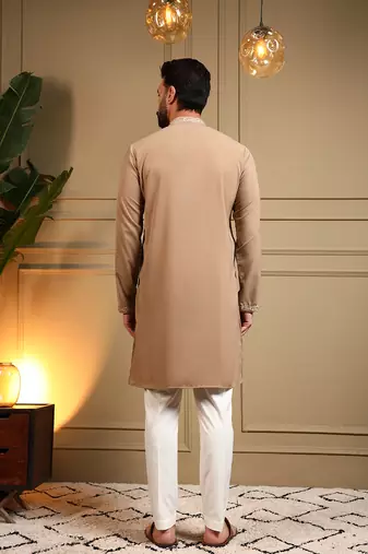 Men's beige armani lachka sequins embroidered kurta with pajama set