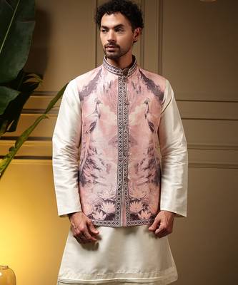 Men's wine slub silk jacquard 3d weaving kurta set with nehru jacket 3