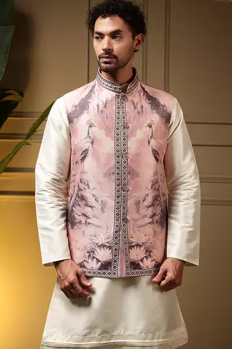 Men's wine slub silk jacquard 3d weaving kurta set with nehru jacket
