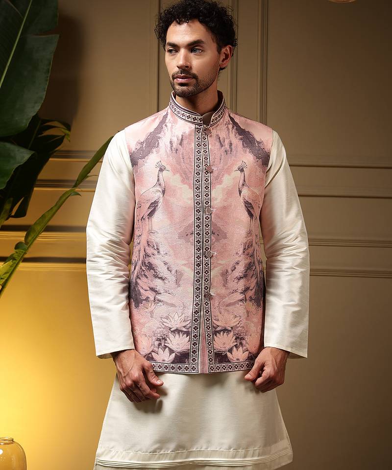 Men's wine slub silk jacquard 3d weaving kurta set with nehru jacket