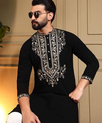 Men's black armani lachka sequins embroidered kurta with pajama set 4