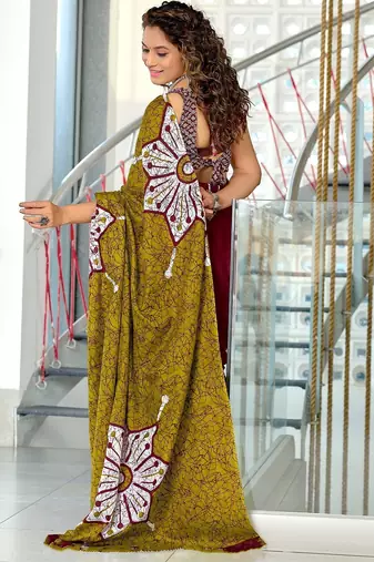Maroon batik print mulmul cotton saree with blouse.