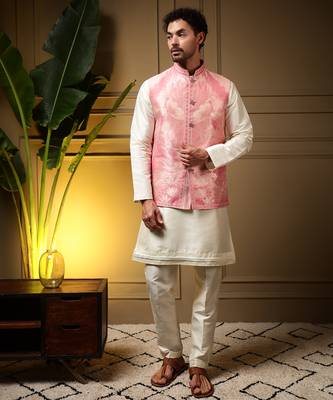 Men's pink slub silk jacquard 3d weaving kurta set with nehru jacket 1
