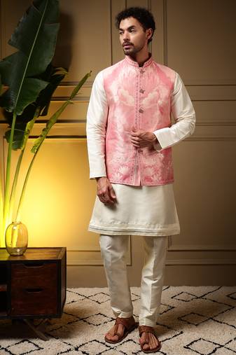 Men's pink slub silk jacquard 3d weaving kurta set with nehru jacket