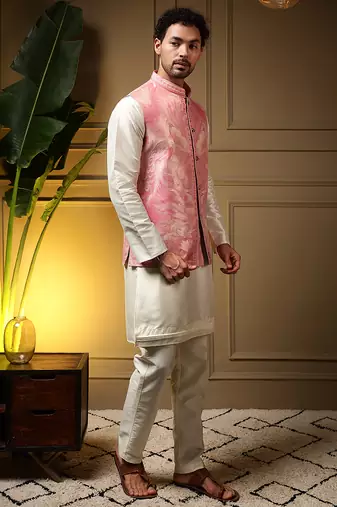 Men's pink slub silk jacquard 3d weaving kurta set with nehru jacket