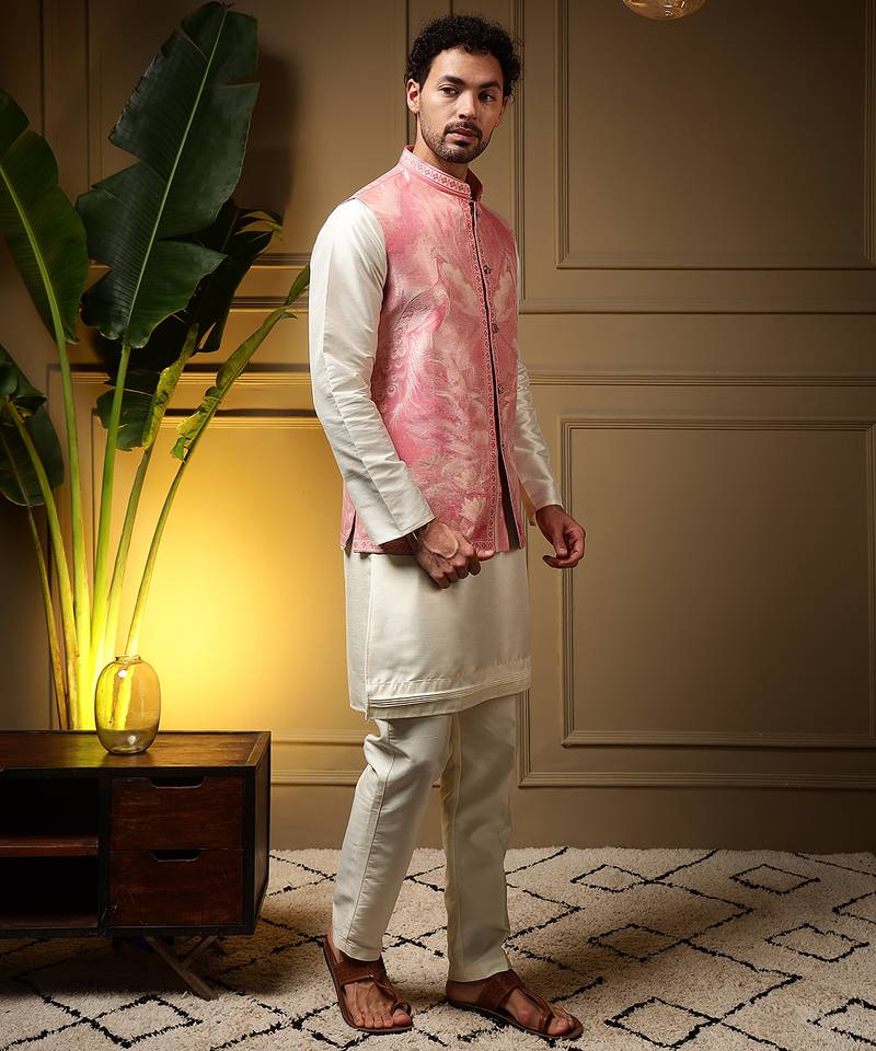 Men's pink slub silk jacquard 3d weaving kurta set with nehru jacket