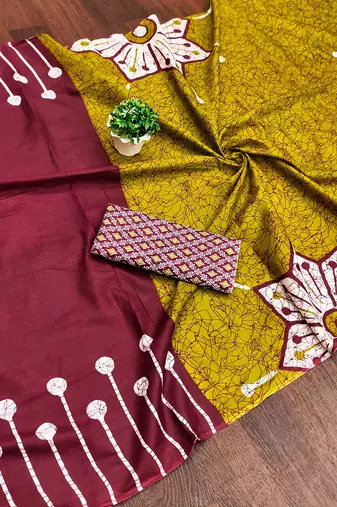 Maroon batik print mulmul cotton saree with blouse.