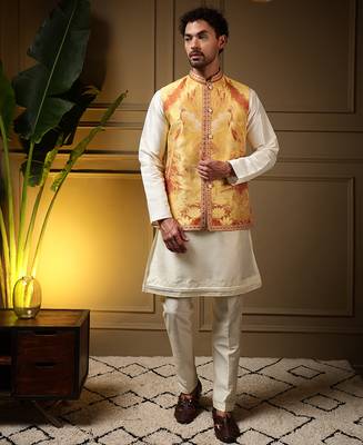Men's yellow slub silk jacquard 3d weaving kurta set with nehru jacket 1