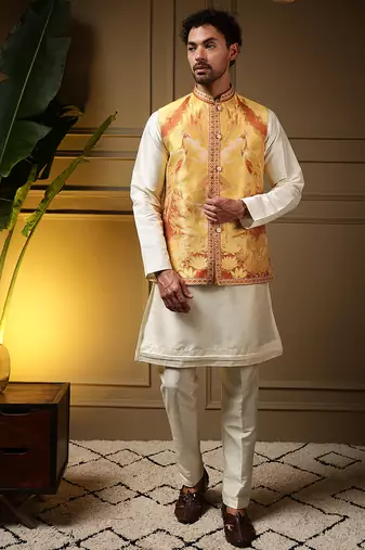 Men's yellow slub silk jacquard 3d weaving kurta set with nehru jacket