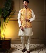 Men's yellow slub silk jacquard 3d weaving kurta set with nehru jacket