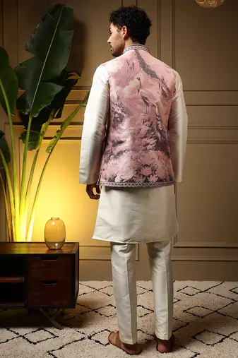 Men's wine slub silk jacquard 3d weaving kurta set with nehru jacket