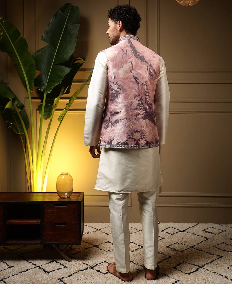 Men's wine slub silk jacquard 3d weaving kurta set with nehru jacket