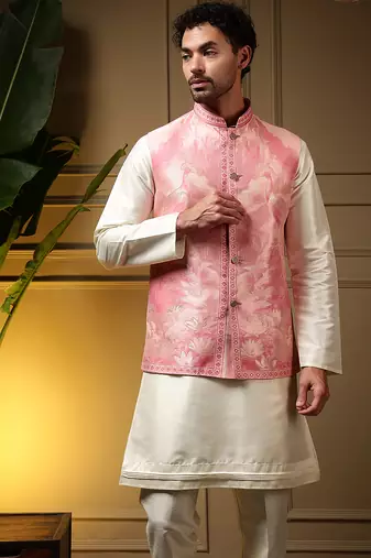 Men's pink slub silk jacquard 3d weaving kurta set with nehru jacket