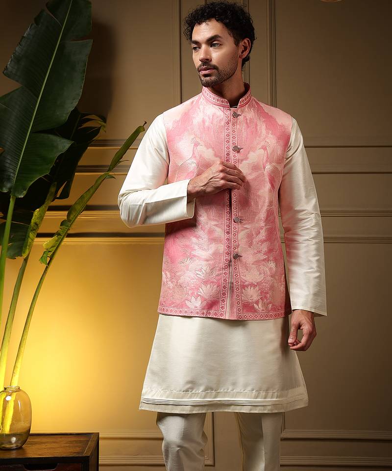 Men's pink slub silk jacquard 3d weaving kurta set with nehru jacket