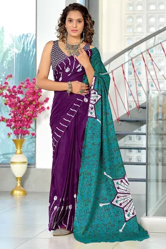Purple batik print mulmul cotton saree with blouse.