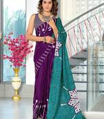 Purple batik print mulmul cotton saree with blouse.