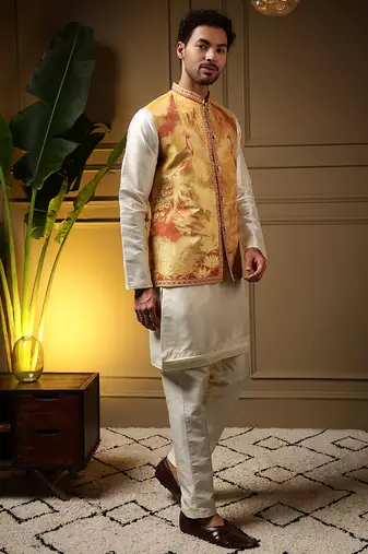 Men's yellow slub silk jacquard 3d weaving kurta set with nehru jacket