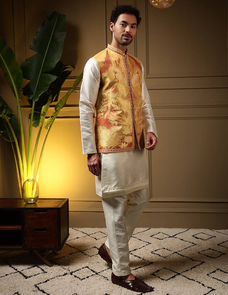 Men's yellow slub silk jacquard 3d weaving kurta set with nehru jacket