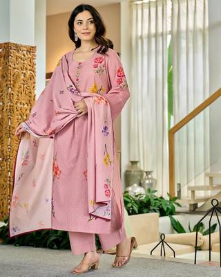 Dusty pink floral printed chanderi kurta pant set with matching dupatta 1