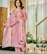 Dusty pink floral printed chanderi kurta pant set with matching dupatta