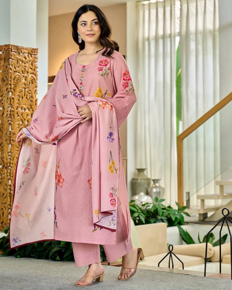 Dusty pink floral printed chanderi kurta pant set with matching dupatta