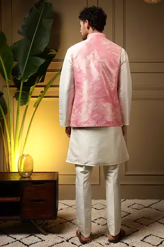 Men's pink slub silk jacquard 3d weaving kurta set with nehru jacket