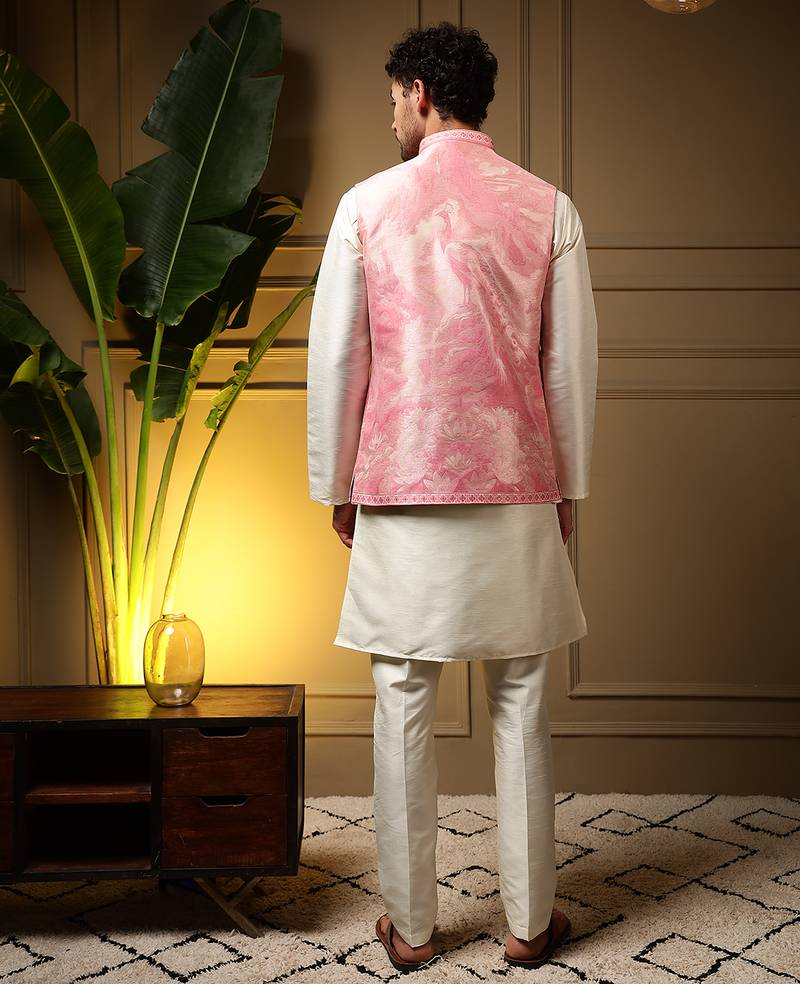 Men's pink slub silk jacquard 3d weaving kurta set with nehru jacket