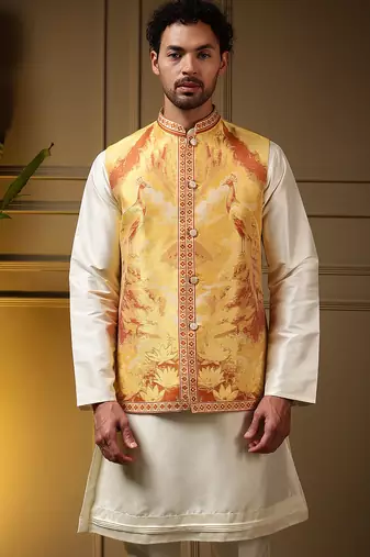 Men's yellow slub silk jacquard 3d weaving kurta set with nehru jacket