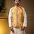 Men's yellow slub silk jacquard 3d weaving kurta set with nehru jacket