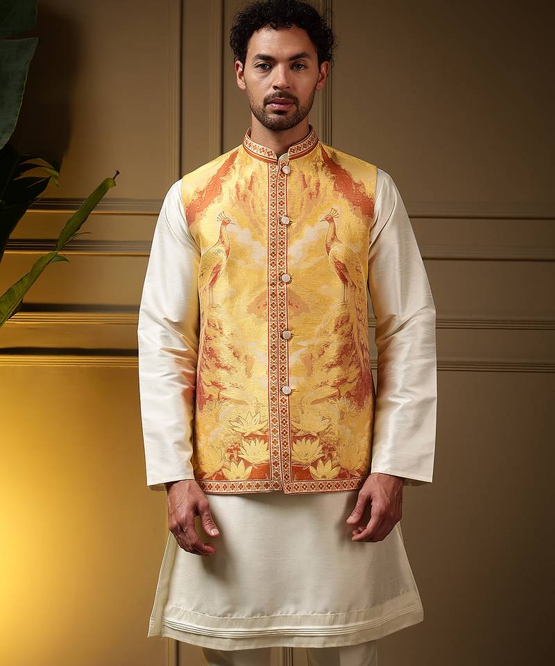 Men's yellow slub silk jacquard 3d weaving kurta set with nehru jacket