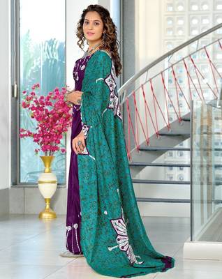 Purple batik print mulmul cotton saree with blouse. 3