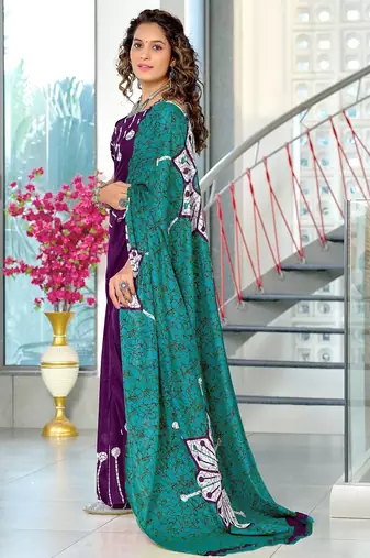 Purple batik print mulmul cotton saree with blouse.